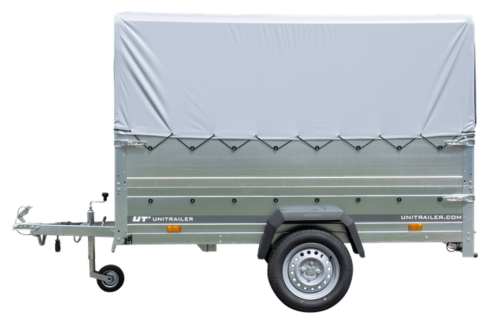 Przyczepka samochodowa 230x125 UNITRAILER GARDEN 230 KIPP z burtami BIS, stelażem H-800 i pokrowcem szarym