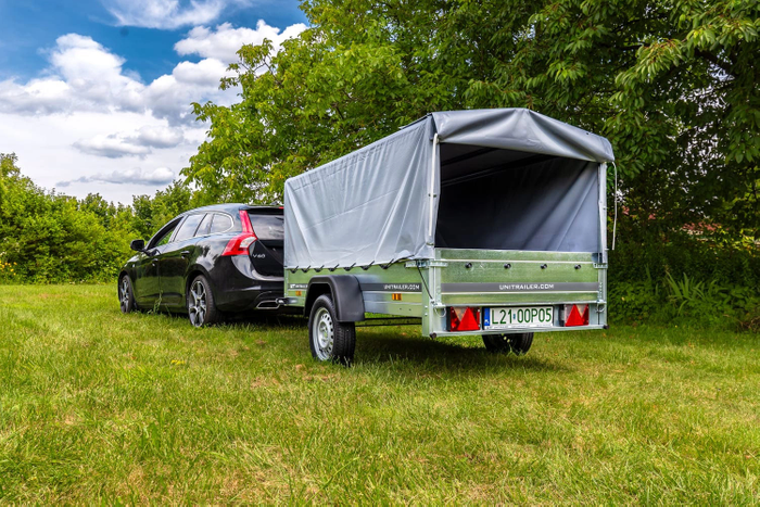 Przyczepka jednoosiowa 230x125 UNITRAILER GARDEN 230 KIPP ze stelażem H-800 i pokrowcem szarym