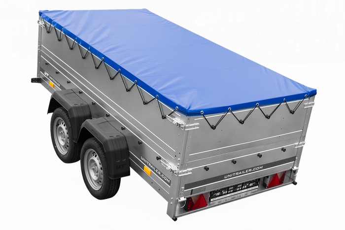 Przyczepka dwuosiowa 264x125 UNITRAILER GARDEN 264/2 KIPP z burtami BIS, stelażem H-0 i pokrowcem niebieskim