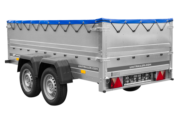 Przyczepka dwuosiowa 264x125 UNITRAILER GARDEN 264/2 KIPP z burtami BIS i pokrowcem niebieskim