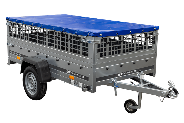 Przyczepka lekka 230x125 UNITRAILER GARDEN 230 KIPP z burtami siatkowymi i stelażem H-0 i pokrowcem niebieskim