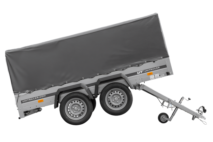 Przyczepka dwuosiowa 264x125 UNITRAILER GARDEN 264/2 KIPP ze stelażem H-800 i pokrowcem szarym