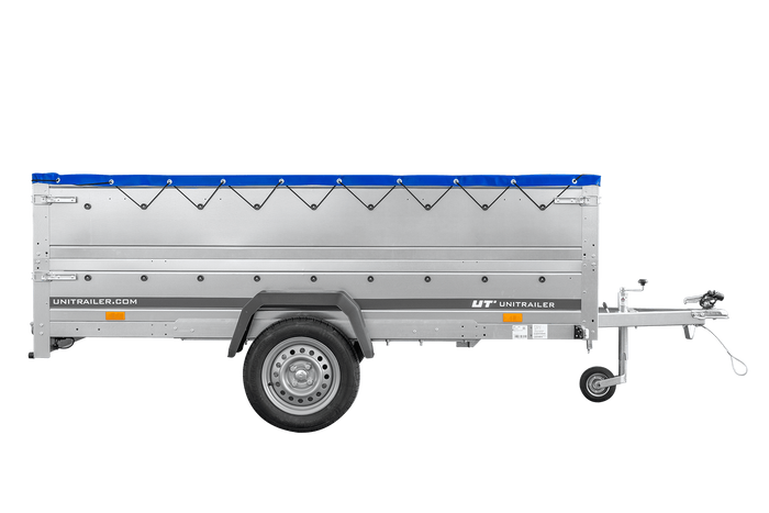 Przyczepka jednoosiowa 264x150 UNITRAILER GARDEN 265 KIPP z burtami BIS, stelażem H-0 i pokrowcem niebieskim