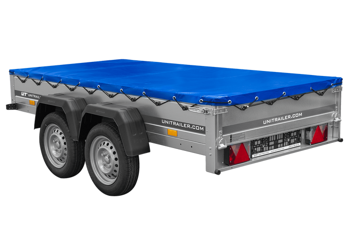Przyczepka dwuosiowa 264x125 UNITRAILER GARDEN 264/2 KIPP ze stelażem H-0 i plandeką niebieską