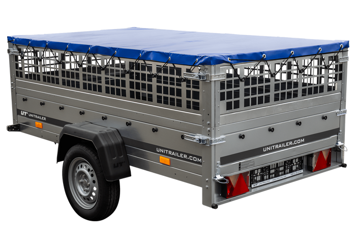 Przyczepka lekka 230x125 UNITRAILER GARDEN 230 KIPP z burtami siatkowymi i stelażem H-0 i pokrowcem niebieskim