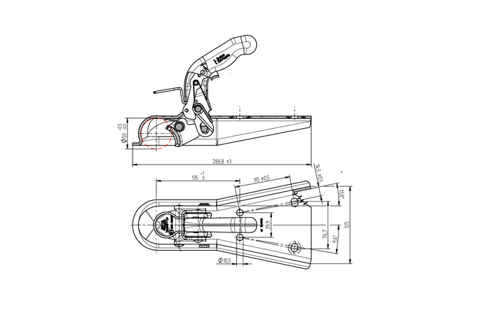 Zaczep kulowy KNOTT 6E0371.001 do przyczepki 750kg z dyszlem typu V