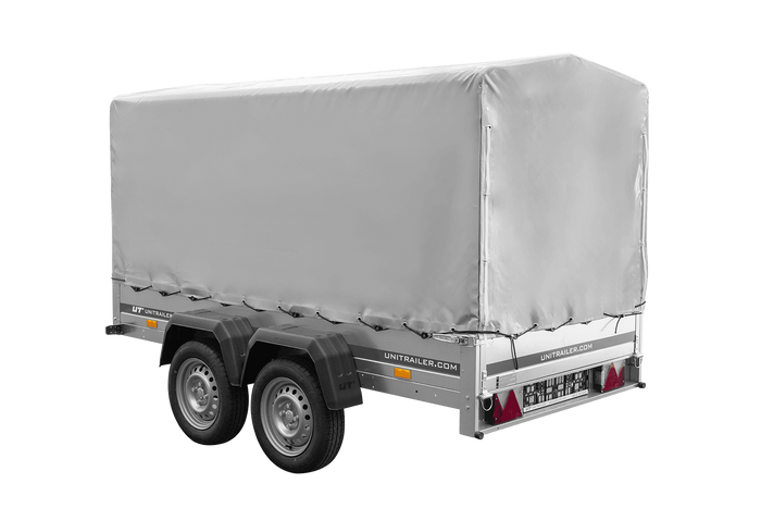 Przyczepka dwuosiowa 264x125 UNITRAILER GARDEN 264/2 KIPP ze stelażem H-1100 i plandeką szarą