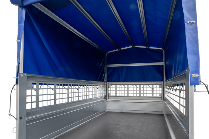 Przyczepka jednoosiowa 230x125 UNITRAILER GARDEN 230 KIPP z burtami siatkowymi, stelażem H-800 i plandeką niebieską