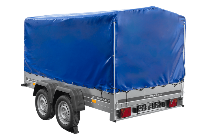 Przyczepka dwuosiowa 264x150 UNITRAILER GARDEN 265/2 KIPP ze stelażem H-1100 i pokrowcem niebieskim