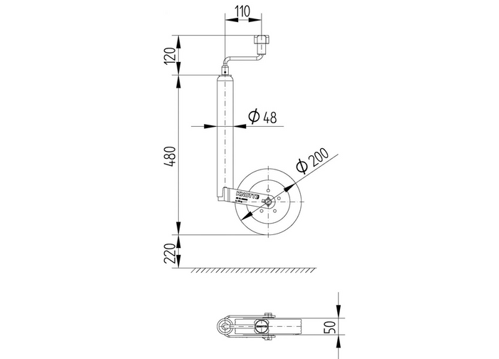 Koło podporowe KNOTT TK48 150kg 48mm 480-700mm