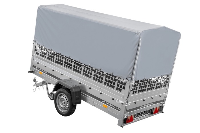 Przyczepka samochodowa 264x125 UNITRAILER GARDEN 264 KIPP z burtami siatkowymi, stelażem H-800 i pokrowcem szarym