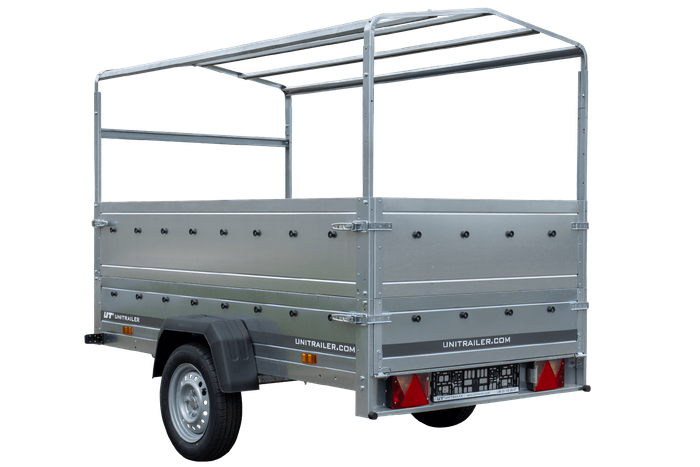 Przyczepka samochodowa 230x125 UNITRAILER GARDEN 230 KIPP z burtami BIS, stelażem H-800 i pokrowcem szarym